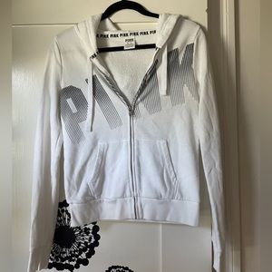 Victoria Secret PINK white with black logo zip-up hoodie, size XS
